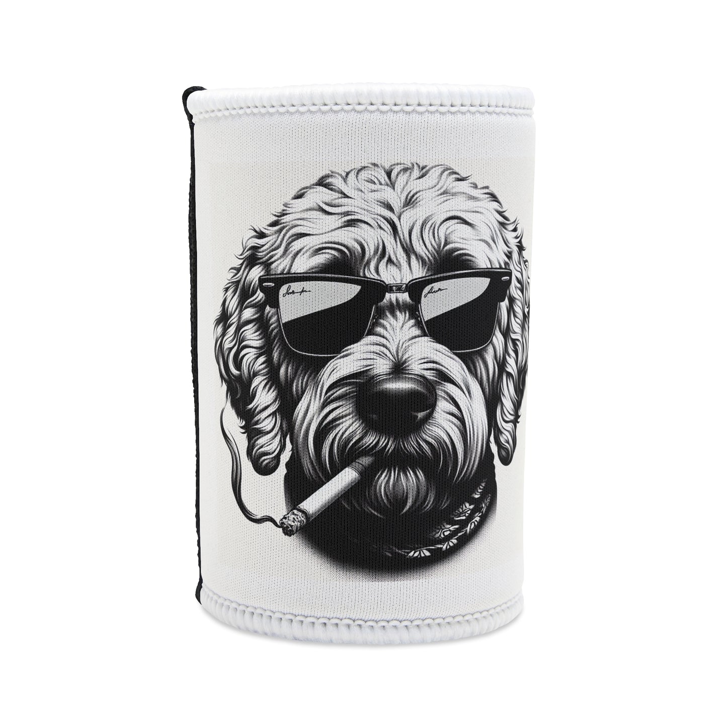 Stubby Holder - Bad to the Bone Smoking Dog in White - Buffoodle Designs