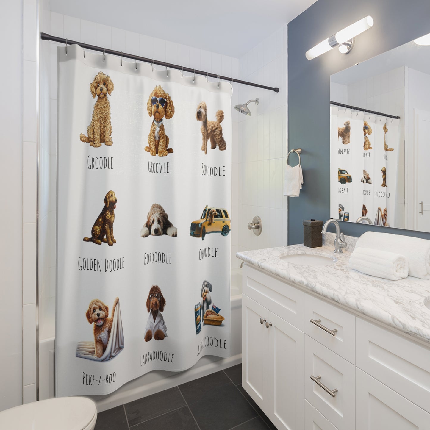 Shower Curtain - Funny Oodle dogs to brighten up your bathroom - Buffoodle Designs