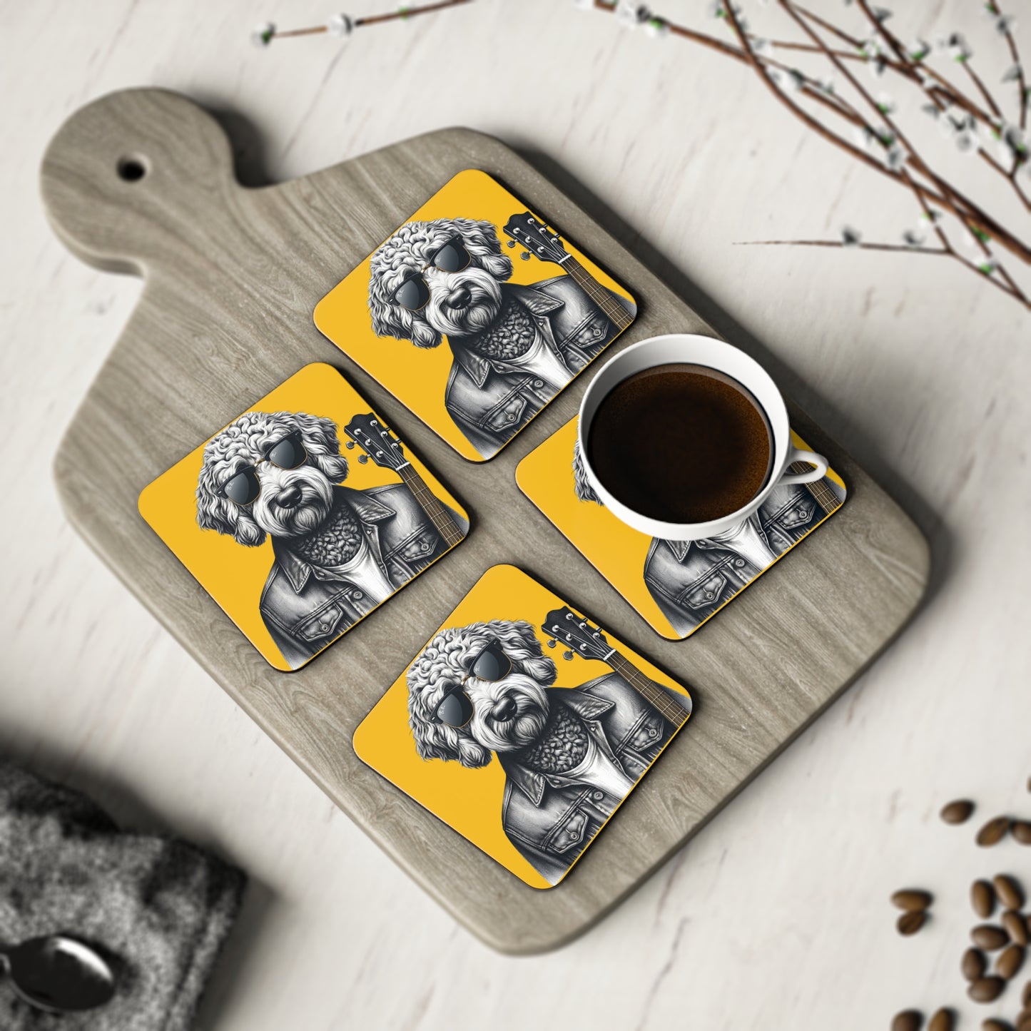 Rockin' Doodle Coasters in Yellow: Sold as singles or Set of 4 : Round or Square