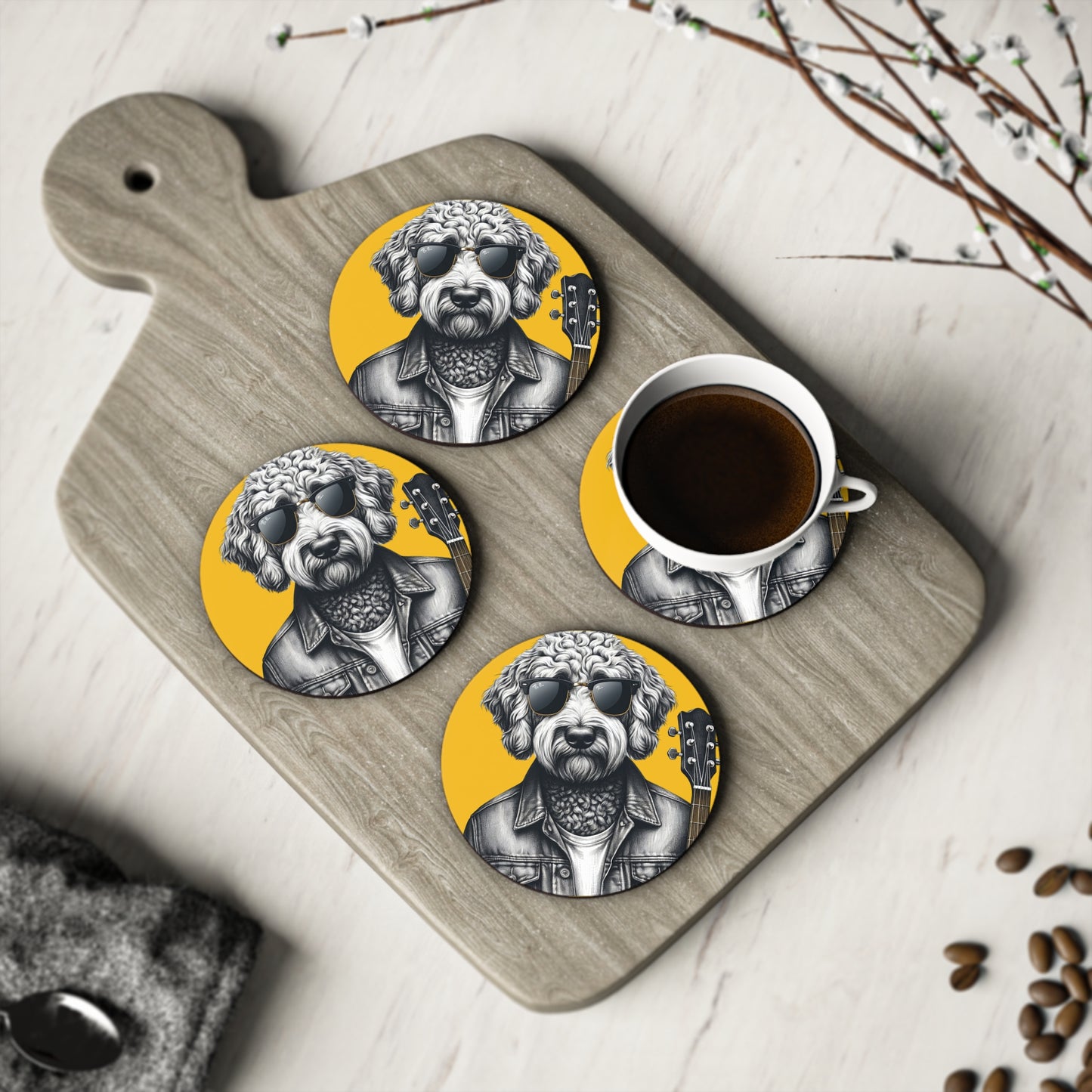Rockin' Doodle Coasters in Yellow: Sold as singles or Set of 4 : Round or Square