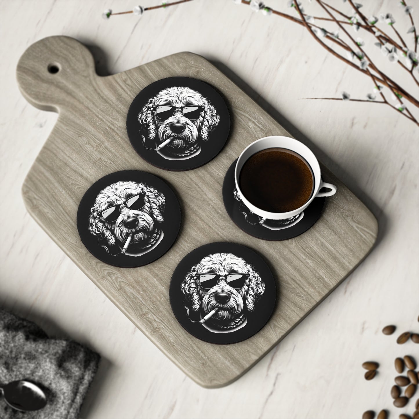 Bad Dog coasters in Black: Sold as Singles or Set of 4 : Round or Square