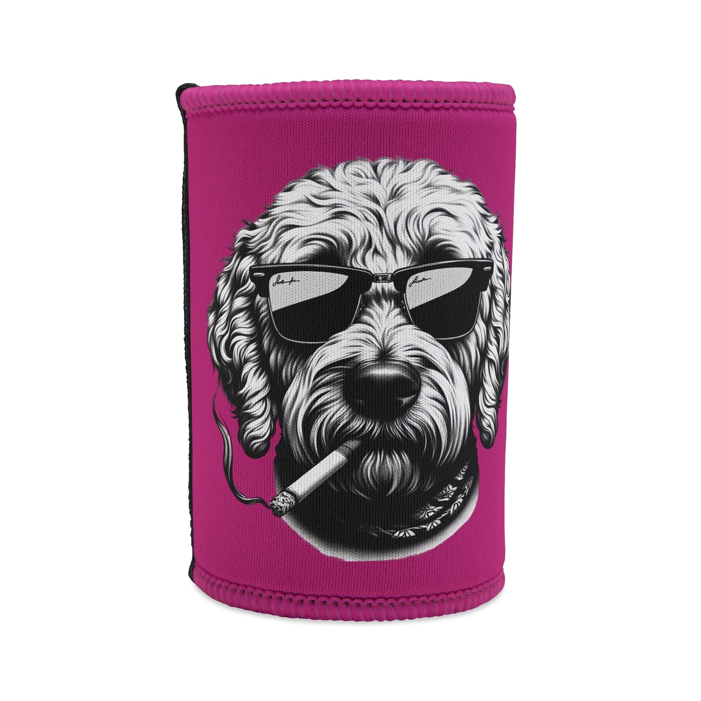 Stubby Holder - Bad to the Bone Smoking Dog Design in Pink - Buffoodle Designs