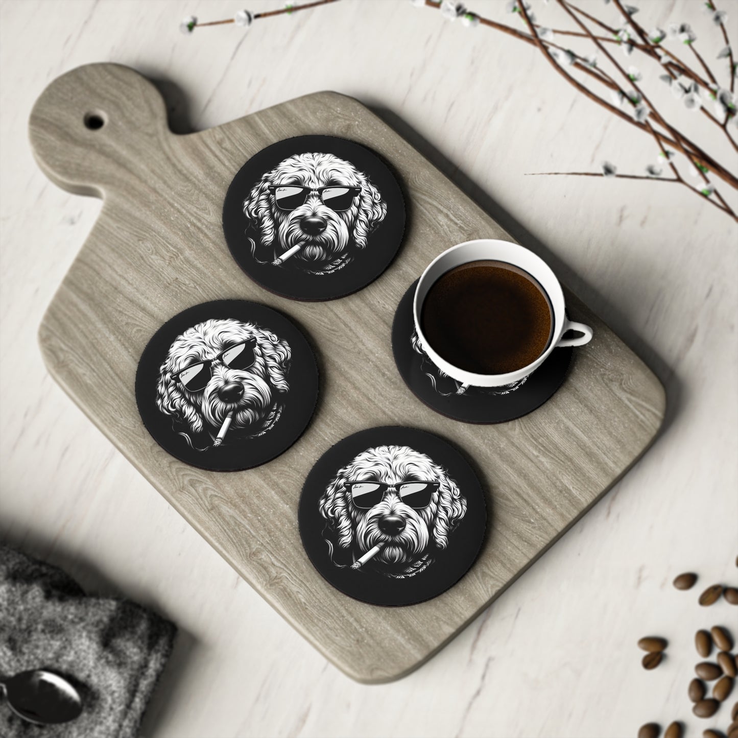 Bad Dog coasters in Black: Sold as Singles or Set of 4 : Round or Square