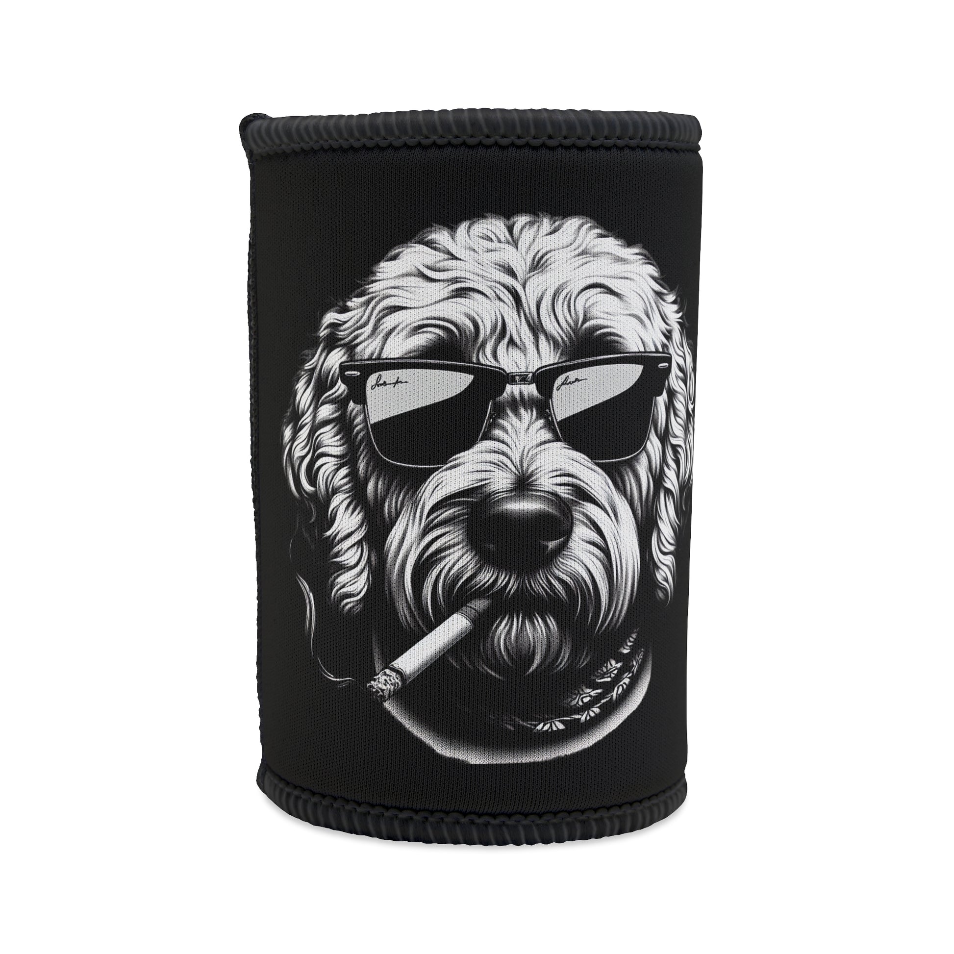 Stubby Holder - Bad to the Bone Smoking Dog Design in Black - Buffoodle Designs
