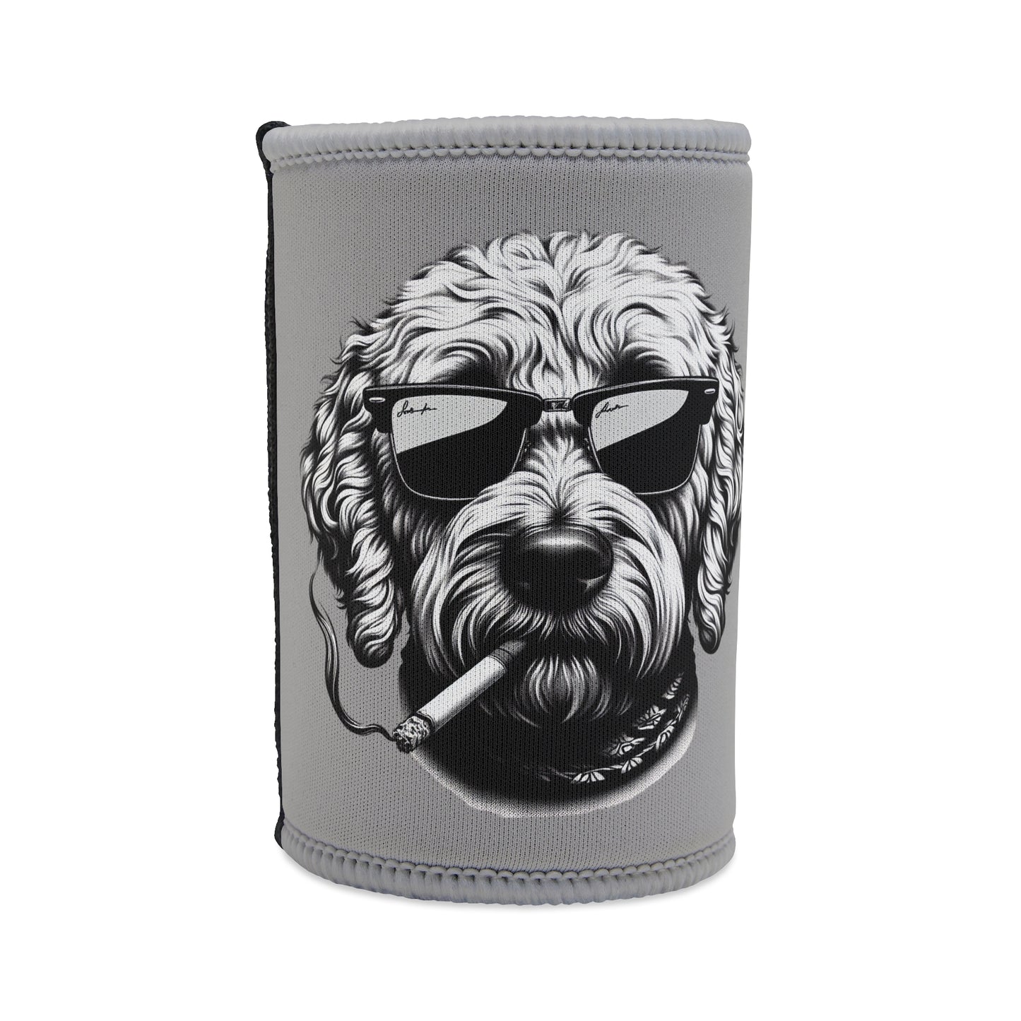 Stubby Holder - Bad to the Bone Smoking Dog Design in Grey - Buffoodle Designs