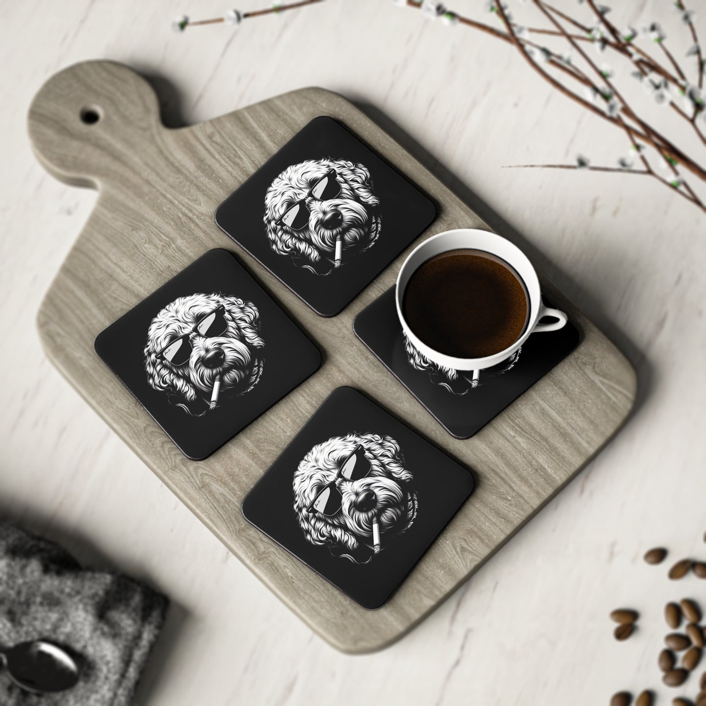 Bad Dog coasters in Black: Sold as Singles or Set of 4 : Round or Square